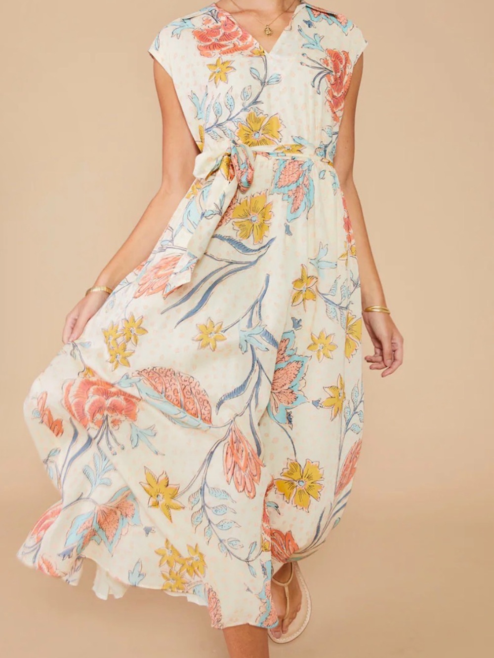 Spartina Floral V-Neck Tie-Waist Maxi Dress - Cream/Coral/Yellow